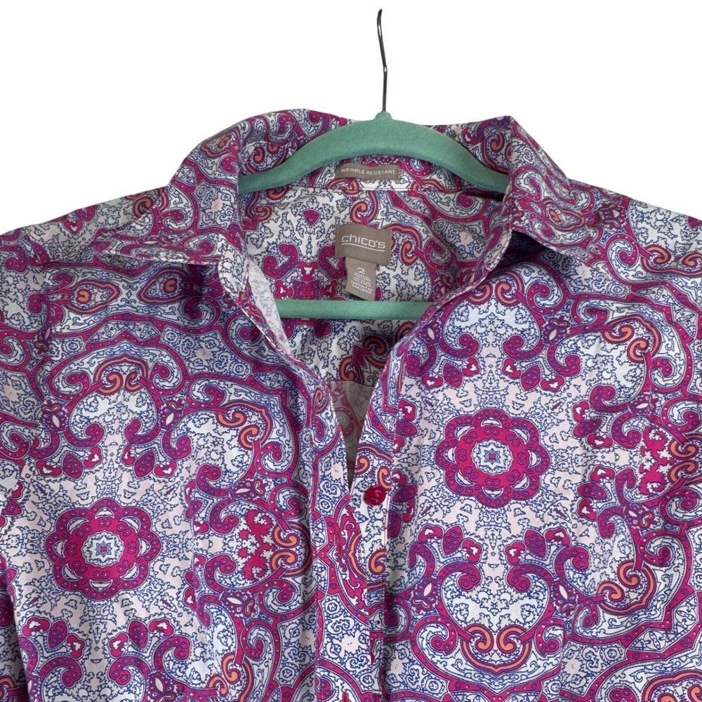 Chicos Size 2 Purple Paisley 100% Cotton‎ Long Sleeve Wrinkle Resistant Shirt